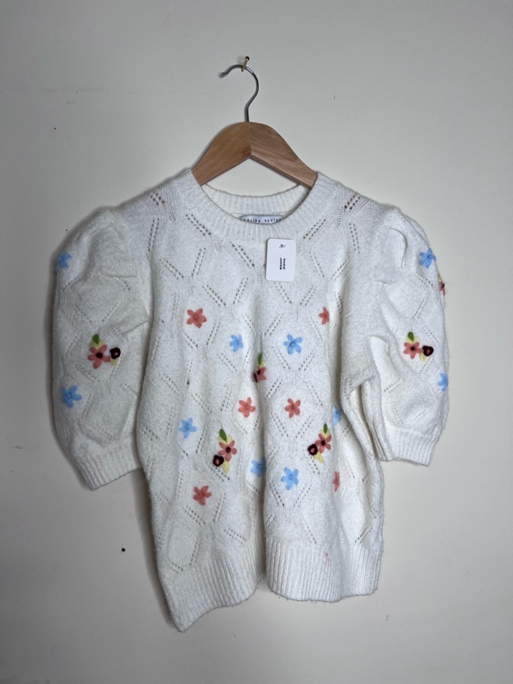 English Factory White Floral Embroidered Puff-Sleeve Sweater
